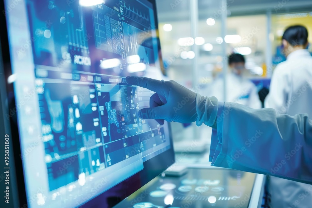 Poster an advanced touchscreen display with graphs and data, used by a gloved professional in a high-tech e