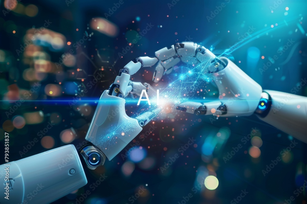 Poster two robot hands touching with glowing ai letters symbolizing advanced artificial intelligence and fu