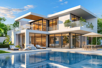 3d rendering, A modern twostory house with pool, terrace and balcony. The building is made of light wood cladding combined with white metal profile. In the background there's an outdoor lounge area. 