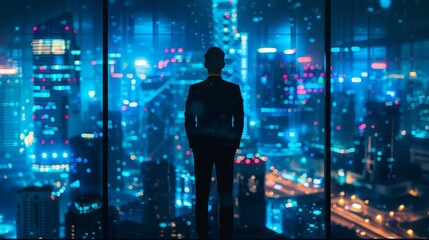 A man in a suit looking out at a futuristic city at night. - obrazy, fototapety, plakaty