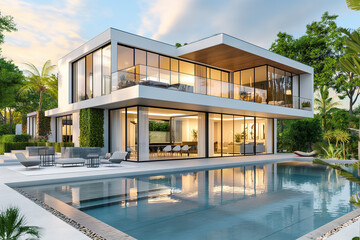 3d rendering, A modern twostory house with pool, terrace and balcony. The building is made of light wood cladding combined with white metal profile. In the background there's an outdoor lounge area