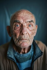 Obraz premium Poignant profile of an elderly man set against a calming blue background