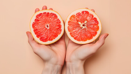 Female hands with halves of sweet grapefruit fruits on beige background