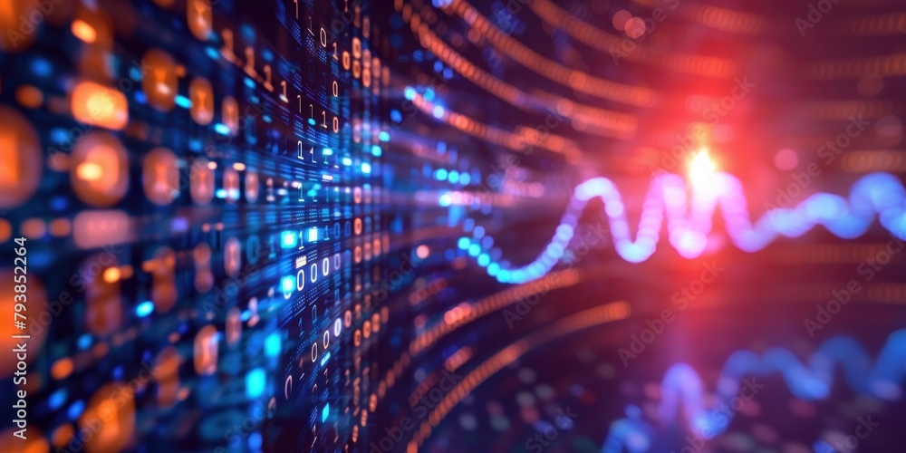 Fototapete Background of digital binary code, program code, blurred abstract technological background of a software developer and computer script, business analytics, modern technologies. Banner