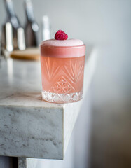 Pink fancy foam Cocktail home bar alcohol marble drink photograph