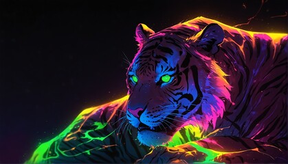 yellow neon light glowing tiger on plain black background from Generative AI