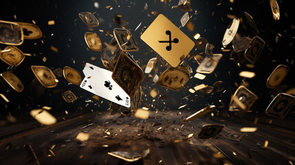 Floating Gold Playing Cards with Explosive Background - obrazy, fototapety, plakaty