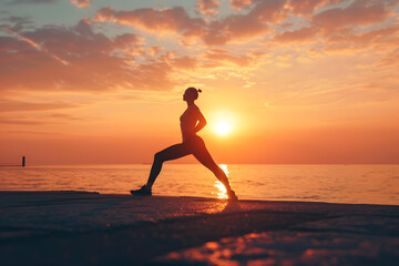 A fitness trainer leading an outdoor workout session at sunrise, isolated on a motivation coral background, promoting health and active lifestyles