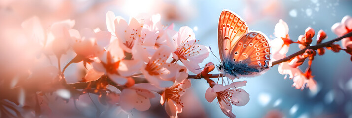 A beautiful spring background with flowers, butterflies and sunlight shining through