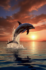 Dolphin leaping from ocean at sunset, captivating natural beauty, grace, serene waters, golden hues, breathtaking, majestic