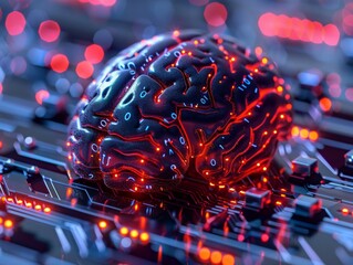 A computer generated image of a brain resting on a motherboard in a pool of liquid, surrounded by circuit components. The brain is red and the background is electric blue