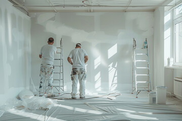 Two male painters in white overalls meticulously painting interior walls in a bright room