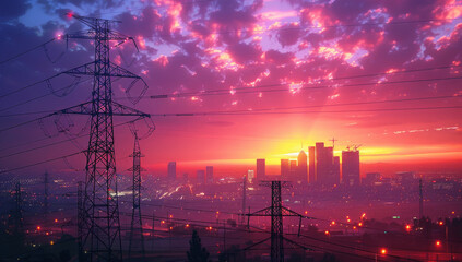 Sunset over city skyline with silhouette of electric grid and high voltage lines