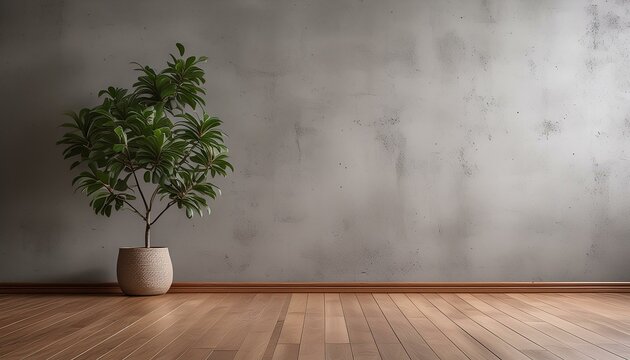 Copy Space on Gray Concrete Empty Wall, Room Mockup, Brown Parquet Floor