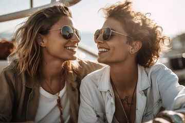 Lesbian Couple Laughing Together On A Yacht, Celebrating Diversity At Sea