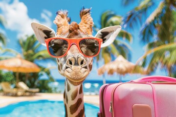 Cool Safari animal in Sunglasses on background for Sales and excursion for Tourists. Summertime outdoor vacation concept. Smiling Giraffe on Summer holiday with luggage against beach and sea