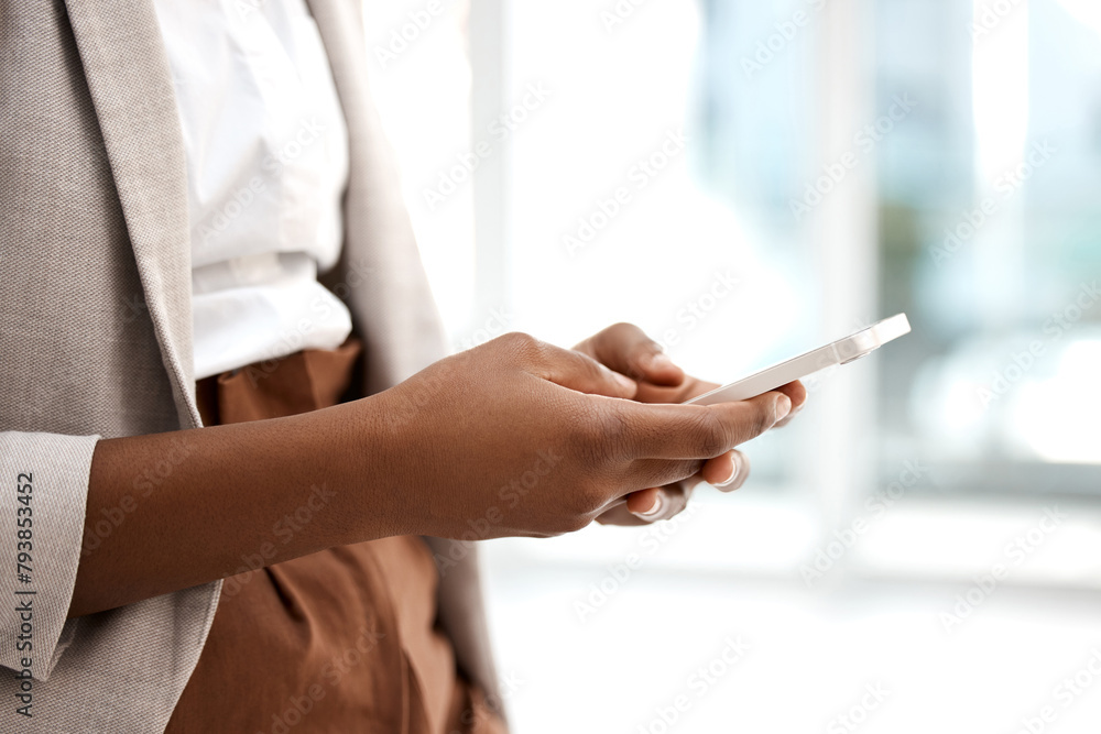 Poster hands, business and woman with smartphone, typing and connection with social media, texting and inte