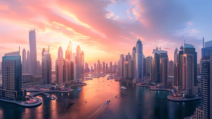 Dubai Marina skyline with modern skyscrapers at sunset