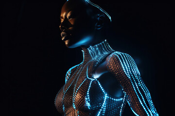 Gorgeous Model In A Glowing Futuristic Dress, Performing With Lights On A Dark Background