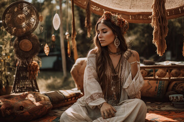 Pretty Girl Dressed In Boho Style Outfit, Sitting Outside In A Warm, Boho-Chic Setting