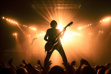 Rock Star Performing Guitar Solo On Stage At A Concert With Fans And Stage Lights