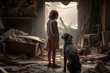 Small Girl With Her Dog Inside War-Torn Building