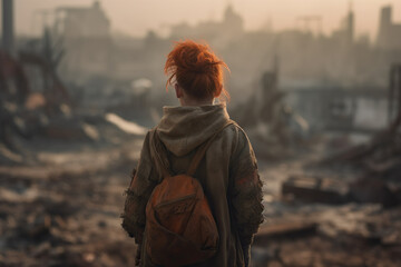 Back View Of A Girl In A War-Torn City On Fire