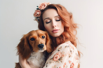 Young, Chic, And Beautiful Girl Embraces Her Cocker Spaniel Dog While Posing For A Portrait On White Background