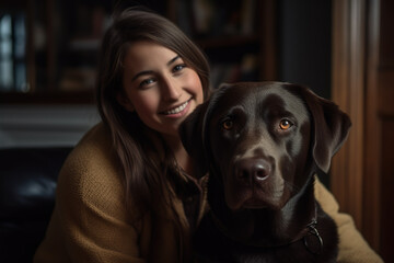 Beautiful Lady Is Comfortably Seated In A Warm, Inviting Room, Enjoying The Company Of Her Loyal Black Labrador Retriever