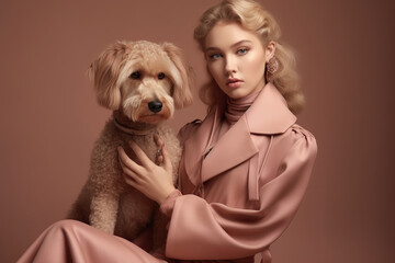 Blond Young Girl, Full Of Elegance, Strikes A Pose With Her Small Fluffy Dog, Both Bathed In Soft Pink Pastel Hues