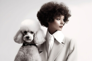 Young Woman, Looking Stylish With Her Curly Hair, Is Posing With Her Poodle Against A Light Background