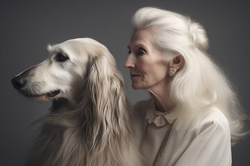 Elderly Woman, Exuding Elegance, Poses In A Studio With Her Afghan Hound For A Portrait
