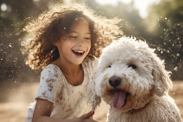 Cheerful Young Girl Is Having Fun Outdoors In The Summer Sunshine, Engaging In Playful Activities With Her Adorable Fluffy Bichon Frise