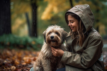 Small Dog Accompanies Girl As They Stroll Together Under The Rain, Both Looking Adorable