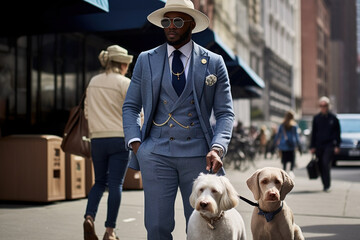 Fashionable Young Man, Dressed In A Blue Suit And Hat, Is Taking A Leisurely Stroll Down The Street With His Dogs