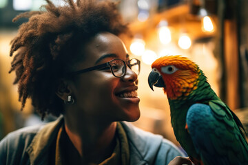 Cheerful Young Lady Having A Conversation With Her Vibrant, Multi-Colored Parrot