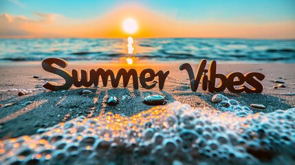 Serene sunset at the beach with 'Summer Vibes' text and soft foamy waves