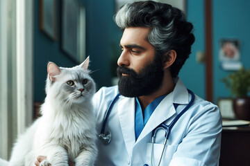Friendly Vet In A Clinic, Comfortably Handling A Calm Persian Cat