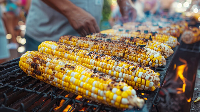 Street food vendor grilling corn cobs on a flaming grill at an evening outdoor market
