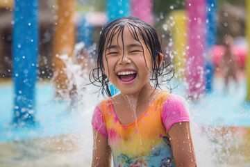 Sweet Child Enjoys In Water Park, Amusement Place For Kids