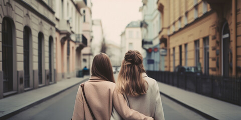 A Young Lesbian Couple Are Walking Around The City Hugging, Lgbt Concept