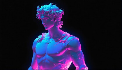blue neon light glowing god apollo greek statue on pla plain black background from Generative AI - obrazy, fototapety, plakaty