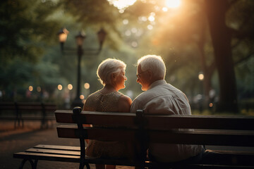 Elderly Couple Sitting On A Bench In The Park, Concept Of Happiness In Old Age