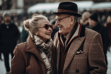 Happy Elderly Woman And Man Sincerely Smiling And Talking To Each Other, Dating On A City Street