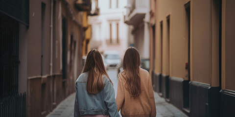 Young Lesbian Couple Walking Through The City And Holding Hands, Lgbt Concept