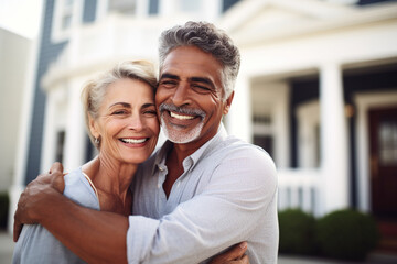 Middle-Aged Couple Happy Hugging Near New Big House, Concept Oh Happiness