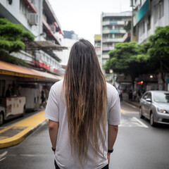 man's long hair haircut back view on a street, generative AI