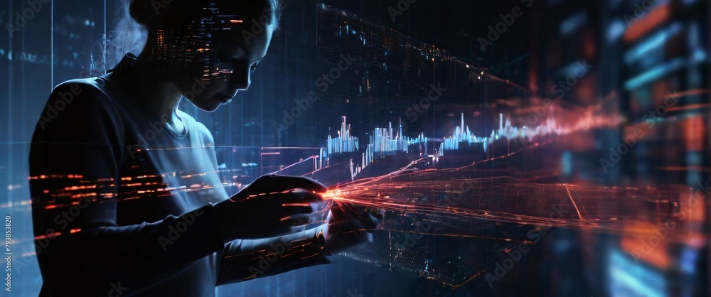 Poster showcase the mesh wire frame hand accuracy and speed of ai technology in data analysis by creating a