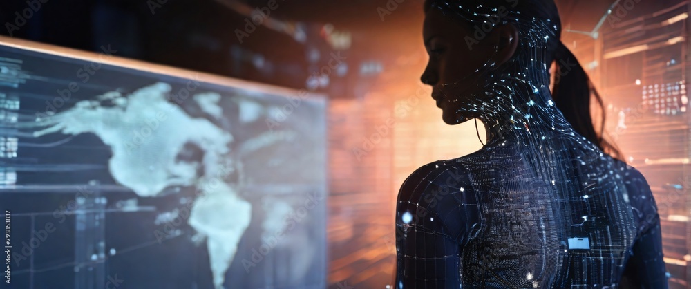 Poster showcase the mesh wire frame hand accuracy and speed of ai technology in data analysis by creating a