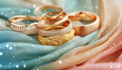 Composition with different golden rings and bracelets on color background - obrazy, fototapety, plakaty